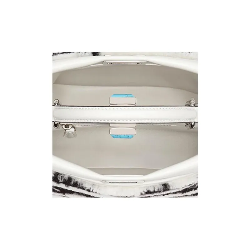 FENDI Peekaboo Sheepskin Shoulder Bag Crossbody Bag Handbag Small Size Women's White/Black/Gray-5