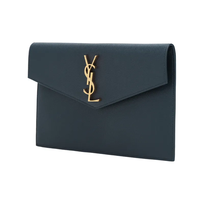 SAINT LAURENT UPTOWN Cow Leather Envelope Bag Clutches Small Size Women's Gray Blue-3