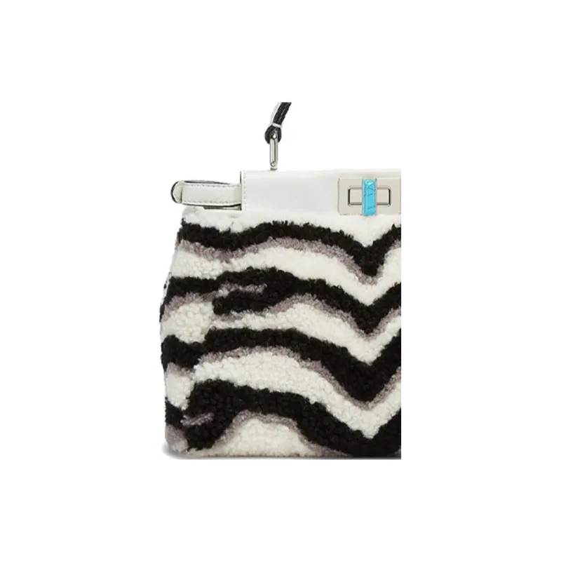 FENDI Peekaboo Sheepskin Shoulder Bag Crossbody Bag Handbag Small Size Women's White/Black/Gray-4