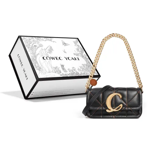 COWEC YCAKI Cow Leather Patchwork Synthetic Leather Shoulder Bag Medium Size Women's Black/Ecru/Denim Blue