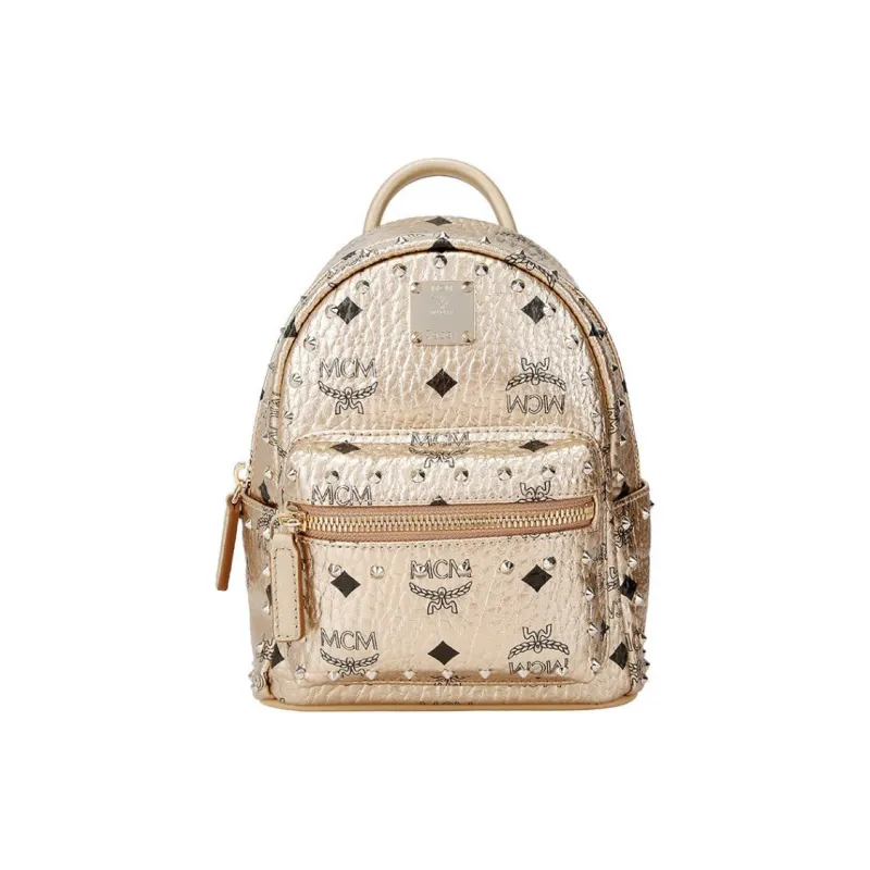 MCM Stark Visetos Leather Handbag, Backpack, Backpack Women's Gold-1