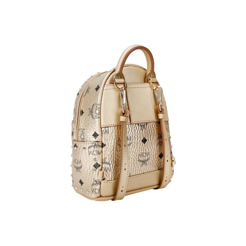 MCM Stark Visetos Leather Handbag, Backpack, Backpack Women's Gold-4