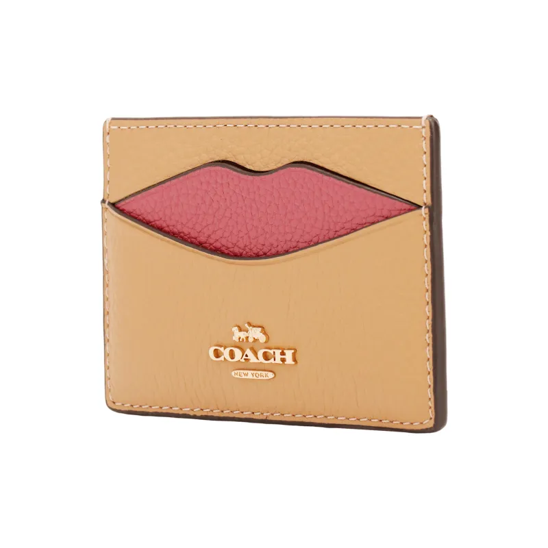 COACH Leather Card Holder Mini Unisex Gold & Latte Multicolor-2