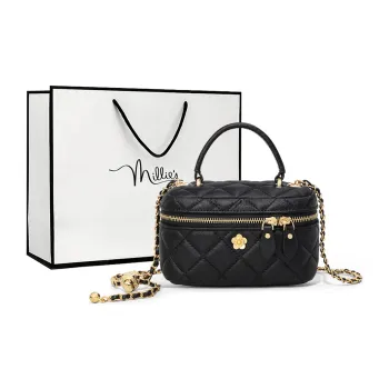 MILLIE'S Cow Leather Box Bag, Shoulder Bag, Crossbody Bag, Handbag Women's Black/White