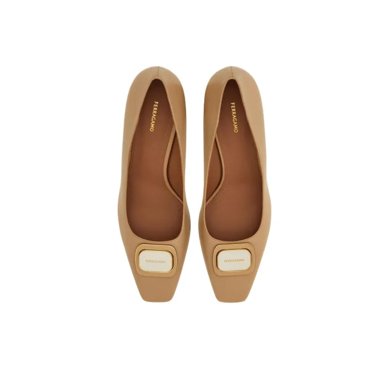 FERRAGAMO Vara Chunky Heel High Heels 6cm Women's Nude-3