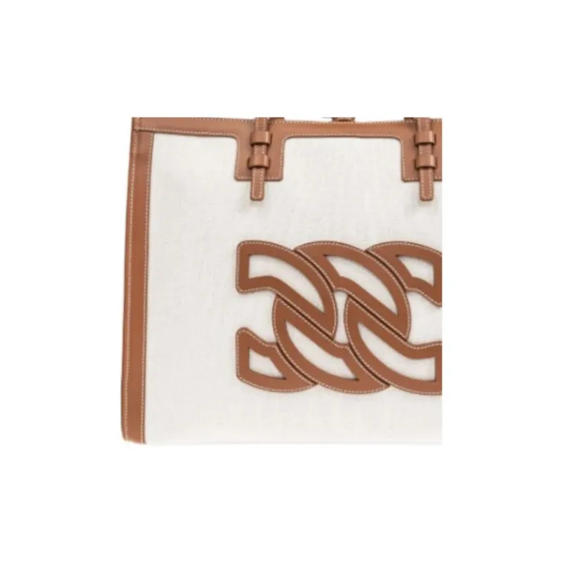 Casadei Fabric Tote Bag, Shopping Bag, Handbag Women's White & Brown-4