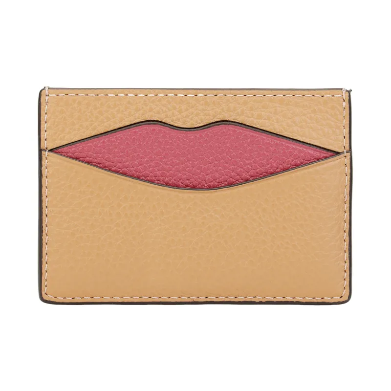 COACH Leather Card Holder Mini Unisex Gold & Latte Multicolor-3
