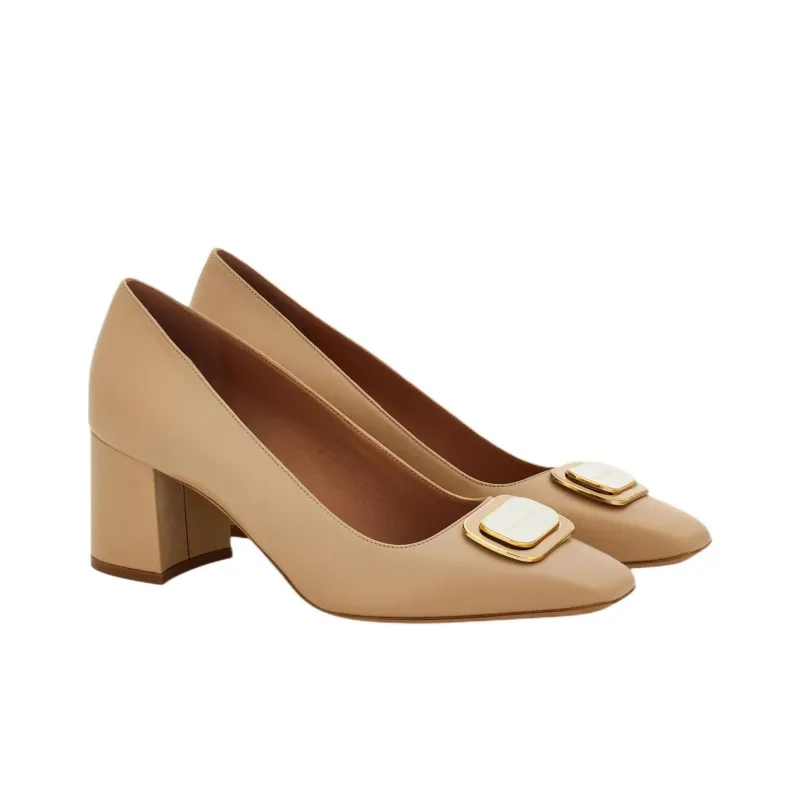 FERRAGAMO Vara Chunky Heel High Heels 6cm Women's Nude-2