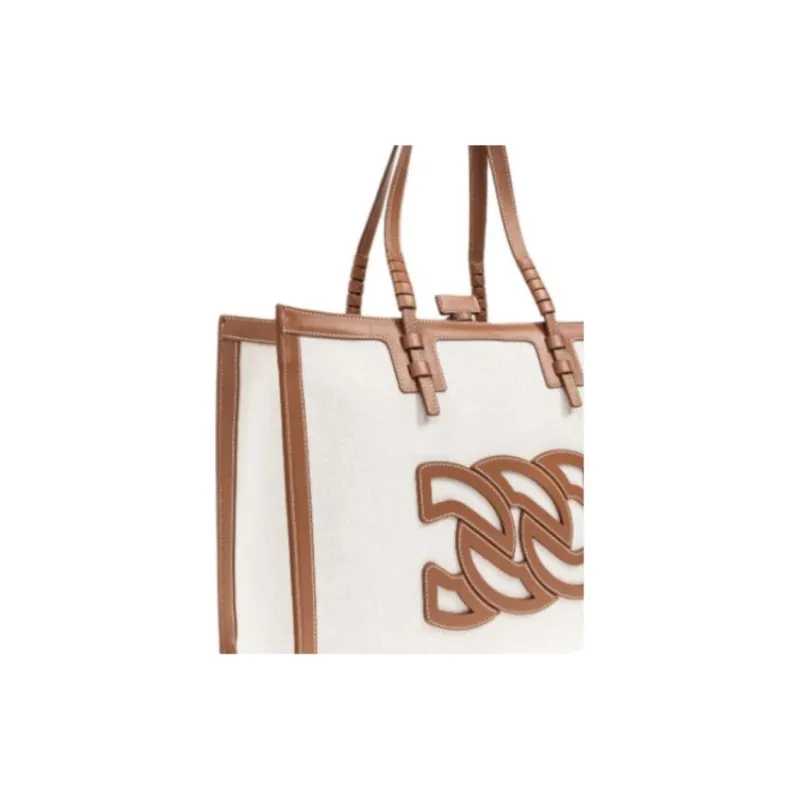 Casadei Fabric Tote Bag, Shopping Bag, Handbag Women's White & Brown-3