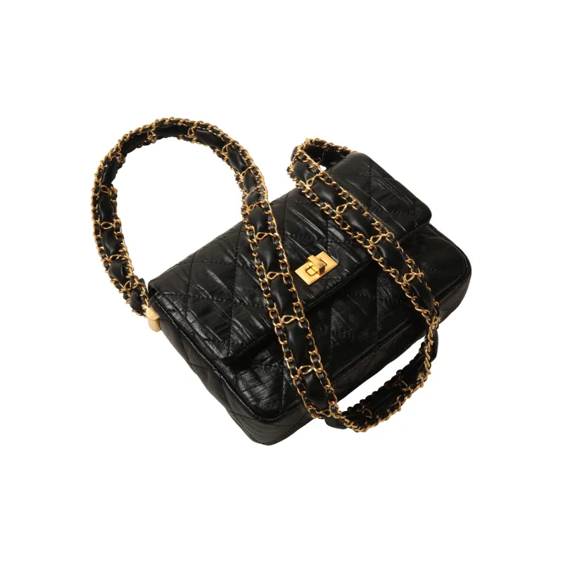 Miao Di Top Grain Cow Leather Wide Shoulder Strap Shoulder Bag Crossbody Bag Women's Midnight Black-5