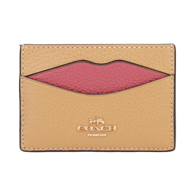 COACH Leather Card Holder Mini Unisex Gold & Latte Multicolor-1