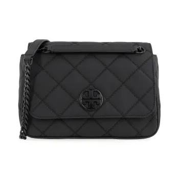 TORY BURCH TB Willa Matte Leather Messenger Bag, Portable Crossbody Bag, Shoulder Bag Trumpets Women's Black Gray