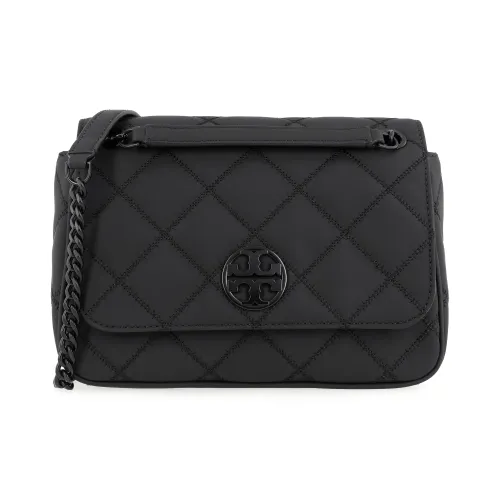 TORY BURCH TB Willa Matte Leather Messenger Bag, Portable Crossbody Bag, Shoulder Bag Small Size Women's Black Gray
