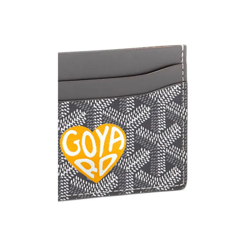GOYARD Saint-Sulpice Canvas With Leather Dog's Teeth Card Clip Card Holder Unisex Gray With Yellow Small Heart Design-4