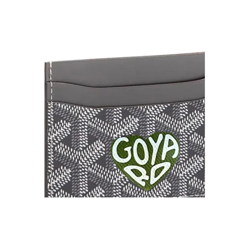 GOYARD Saint-Sulpice Canvas With Leather Dog's Teeth Card Clip Card Holder Unisex Gray Spells Green Small Hearts-3