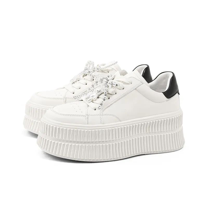 KMD Lightweight Height Increasing Low Top Skateboard Shoes Women's White-1