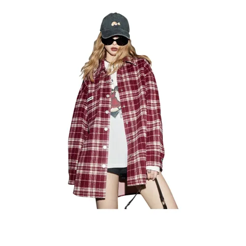 ELF SACK Cropped Coats Women's Red Beige Checkered Pattern