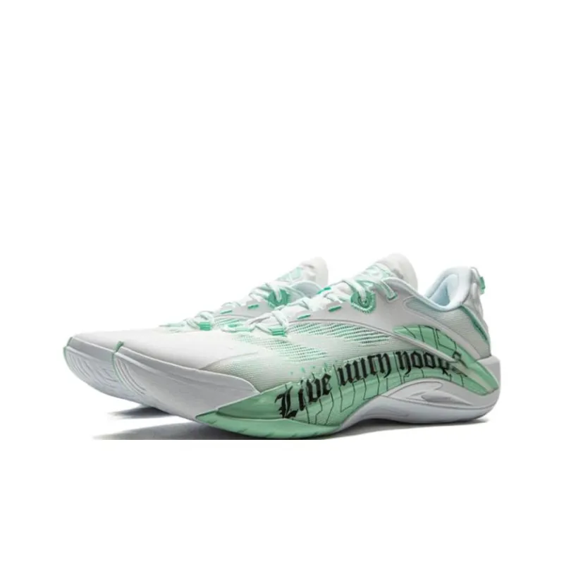 LiNing Wear Resistant Breathable Rebound Grip Low Top Outdoor Performance Basketball Shoes Men's White Green-2