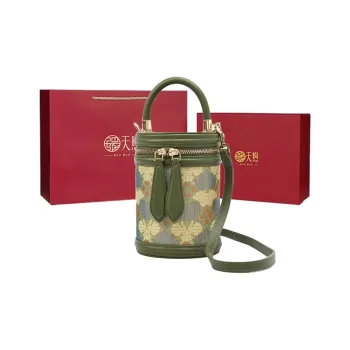 Pmsi Cow Leather With Mulberry Silk Bucket Bag Handbag Small Size Women's Forest Green