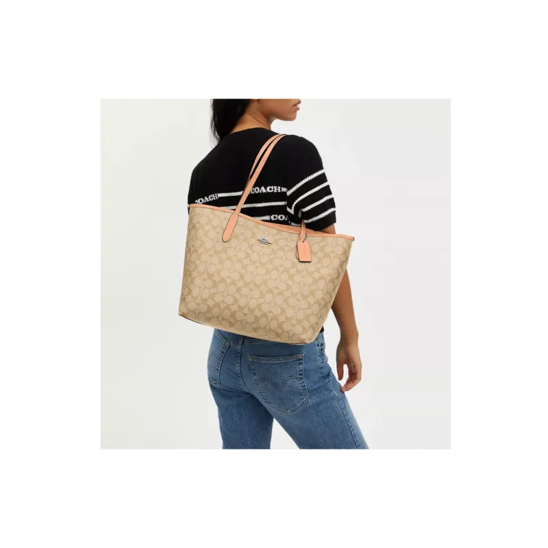 COACH City Canvas Tote Bag Shopping Bag Shoulder Bag Handbag Large Size Women's Light Khaki & Faded Blush-4