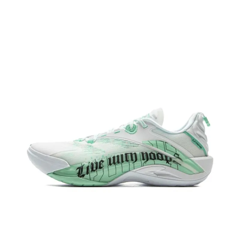 LiNing Wear Resistant Breathable Rebound Grip Low Top Outdoor Performance Basketball Shoes Men's White Green-0