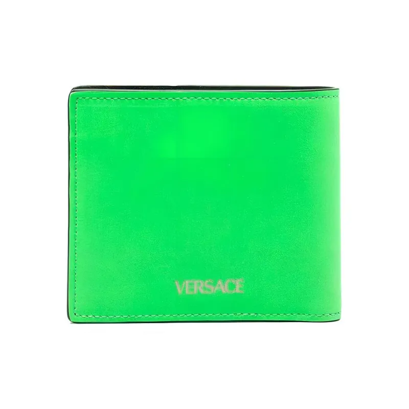 VERSACE Grained Cow Leather Card Holder Wallet Men's Green-1