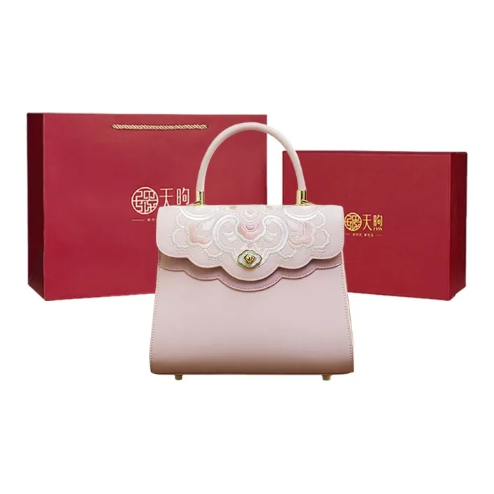Pmsi Cow Leather Portable One Shoulder Handbag, Crossbody Bag Trumpets Women's Pink/Light Blue-0