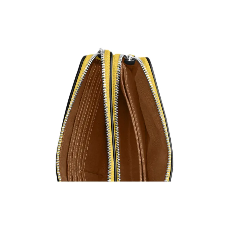 COACH Double Zip Wallet Eggstone Grain Leather Coin Purse Wrist Bag Wallet Women's Silver & Khaki & Vintage Yellow-3
