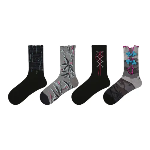 Vine Color Mid Calf Socks Unisex 4 Pack Chinese Cyber Socks