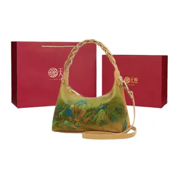 Pmsi Mulberry Silk Portable Crossbody Bag, Shoulder Bag Regular Women's Gold Norman/Black Flower And Bird