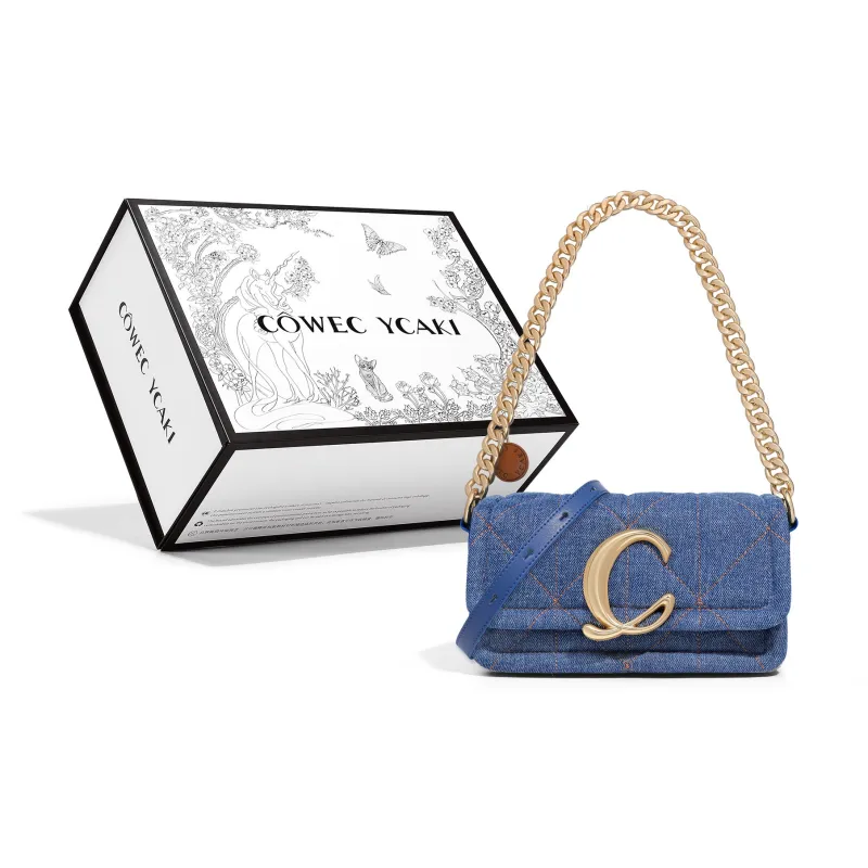 COWEC YCAKI Cow Leather Patchwork Synthetic Leather Shoulder Bag Medium Size Women's Black/Ecru/Denim Blue-7