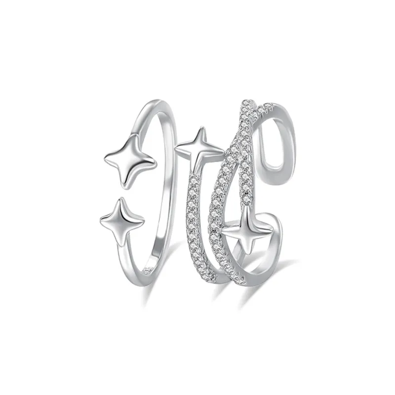 Muyan S925 Silver Four Pointed Star BFF Ring Women's-2