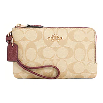 COACH Corner Zip Wallet Small Size Women's Khaki Cherry Red Multicolor
