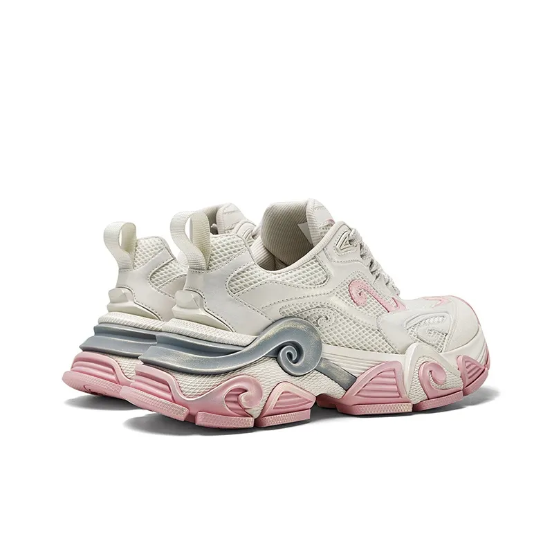 CHERYKALLY Cushioned Wear Resistant Breathable Height Increasing Low Top Chunky Sneakers Women's White Peach Pink-2