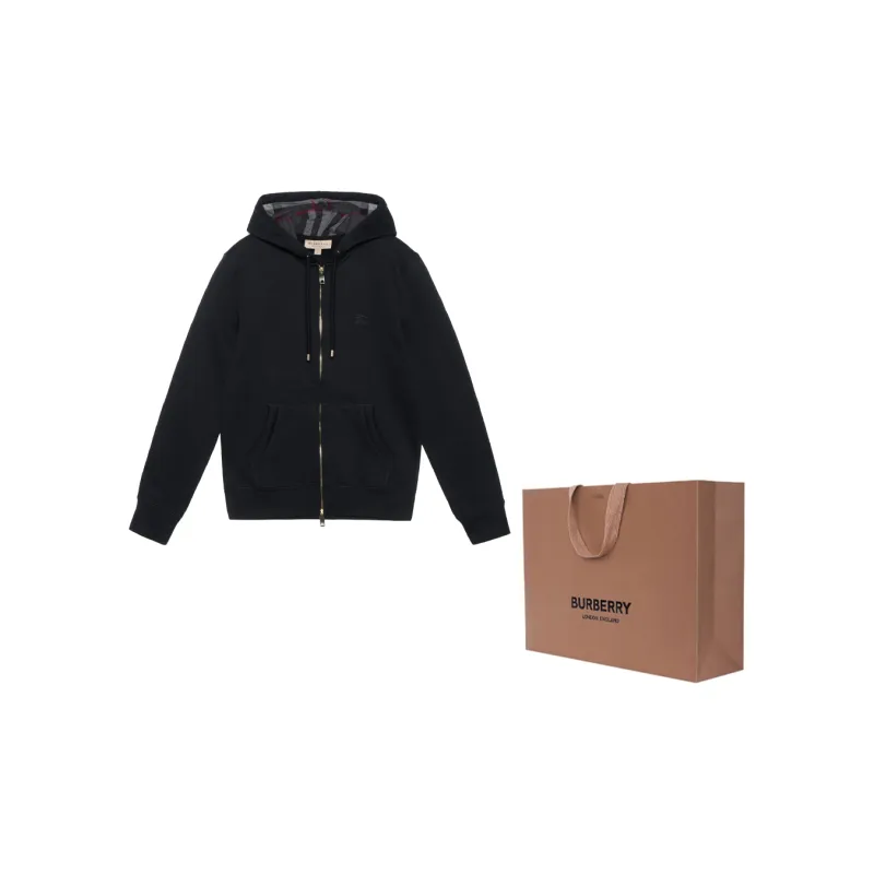 Burberry Men Clarendon Check Hooded Zip-Up Hoodie Black/Grey Burberry Men Clarendon Check Hooded Zip-Up Hoodie Black/Grey