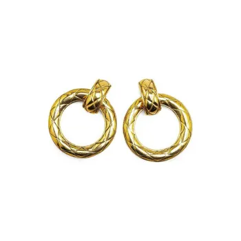 CHANEL 1970 1980 Plated Quilted Hoop Drop Clip On Earrings Costume Earrings
