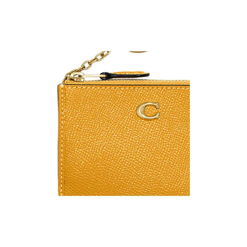 COACH Skinny Id Case Cross Grain Leather Coin Purse, Card Holder Mini Women's Yellow-2