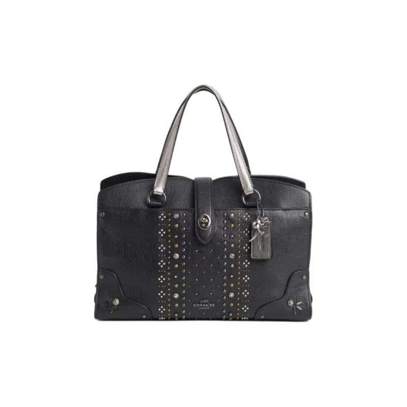 COACH SATCHEL Stone Pattern Leather One Shoulder Handbags Large Size Women's Black-0