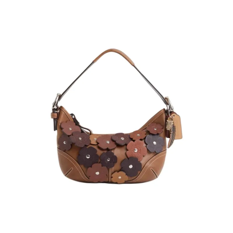 COACH Soho Leather Hobo Bag One Shoulder Handbags Small Size Women's Silver & Camel-0