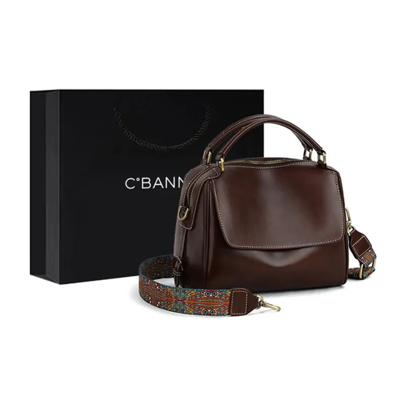C°BANNER Cow Leather With Synthetic Leather One Shoulder Crossbody Portable Tofu Bag Regular Women's Coffee/Ecru-0