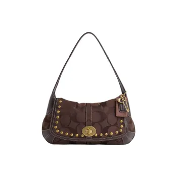 COACH ErgoFlap Signature Fabric Handbag Shoulder Bag Large Size Women's Brass & Black