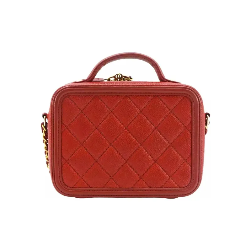 CHANEL Litchi Skin Camera Bag, Handbag, Shoulder Bag, Crossbody Bag Medium Size Women's Red Gold-1