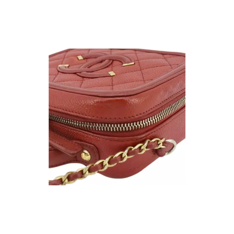 CHANEL Litchi Skin Camera Bag, Handbag, Shoulder Bag, Crossbody Bag Medium Size Women's Red Gold-3