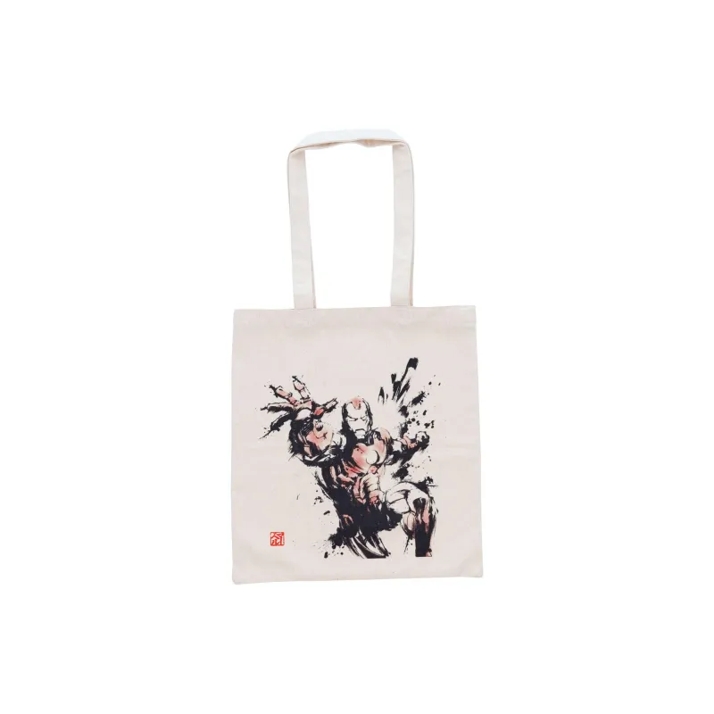 Disney Marvel Collaboration Iron Man Series Cotton Tote Bag Shopping Bag Handbag Men's Ecru & Black-0