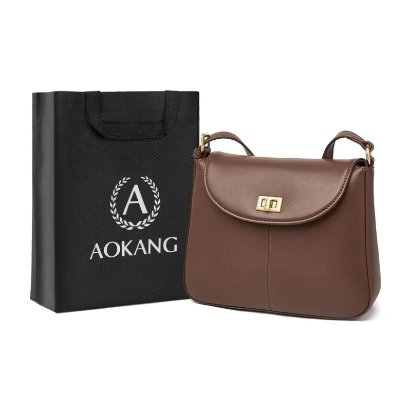 AOKANG Cow Leather Small Square Bag, Shoulder Bag, Crossbody Bag Regular Women's Coffee/Ecru/Gold Brown-0