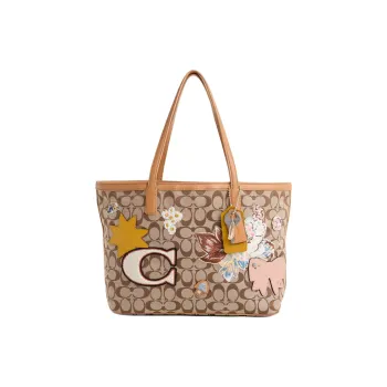 COACH Legacy Signature Fabric Tote Bag Shopping Bag Shoulder Bags Medium Size Women's Khaki