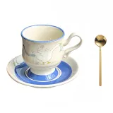 Blue Swan-Hand-Drawn Coffee Saucer+Spoon