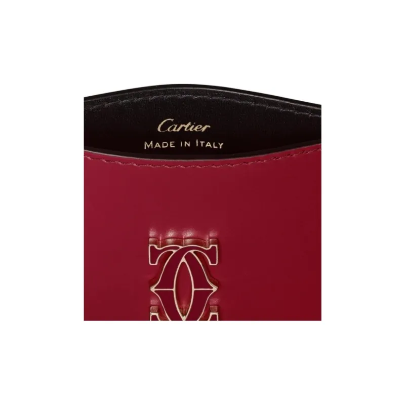 CARTIER Double C Cow Leather Card Holder Women's Cherry Red-3