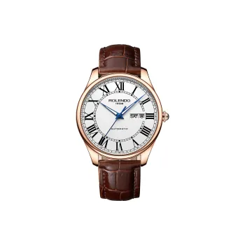 ROLENDO R Automatic Mechanical Movement Cowhide Strap Watch Men's Watches White Dial