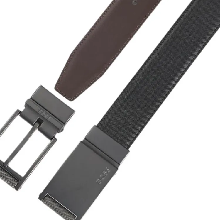 HUGO BOSS Cowhide Split Leather Belts Men's Black Width 3.5CM-2